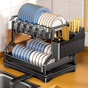 High Quality Double Tier Kitchen Dish Drying Rack Over Sink Dish Drainer
