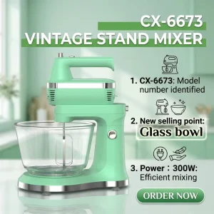 Household 3.5L Electric Stand Mixer with Glass Bowl and Dough Hook 5 Speed Turbo for Kitchen Dough and Batter