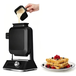 Household Compact Vertical Design Dual Pour Waffle Maker with Nonstick Plates LED Display Screen Digital Belgian Waffle Maker