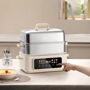 Household Electric Steam Cooker Multi purpose Foldable Food Steamer Stainless Steel Lid 17L Capacity 2 Layer Design