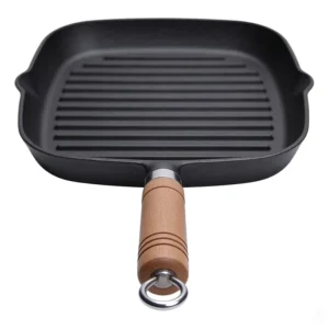 Household Kitchen Square Mini Frying Pan Cast Iron Non Stick Eco Friendly Oven Safe Barbecue Grill Baking Tray Wooden Handle