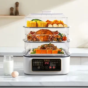 Household Multi Function Electric Steamer 3-Layer Stainless Steel 800 Watts Timing Steamer With Hot Pot