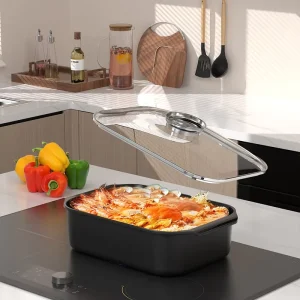 Induction Cooker Compatible Durable Aluminum Alloy Square Roasting Pan Glass Lid Oven Safe Nonstick Turkey Roaster Outdoor Black