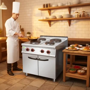 Industrial 4 Burner Electric Stove with Cabinet, Stainless Steel, Commercial Kitchen Restaurant Equipment, 4 Head Hot Plate Range
