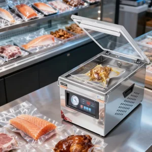 Industrial Electric Automatic Table Top Food Fish Seafood Shrimp Sausage Saver Heat Sealer Plastic Bag Vacuum Packaging Machine