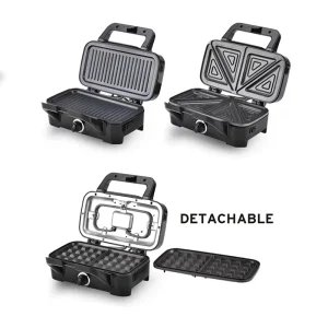 Interchangeable Non-Stick Plates Panini Press Detachable Stainless Steel Sandwich Maker 3 in 1 Waffle Maker