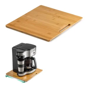 Kitchen Countertop Appliance Rolling Tray Rubber Wheels 13″D X 14″W Sliding Tray Coffee Maker Bamboo Appliance Slider