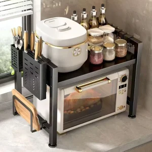 Kitchen Microwave Oven Metal Double Tier Folding Standing Type Multifunctional Storage Rack for Desktop