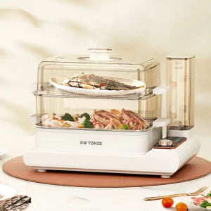 Knob Control 2 Tier Sea Food Steamer With Outer Watertank Rectangular Electric Food Steamer