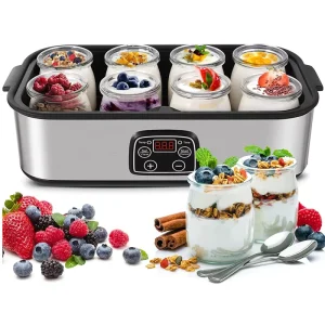Large Capacity 1.4L Electric Stainless Steel Yogurt Maker with LCD Display, 8 Glass Cans, Temperature Control