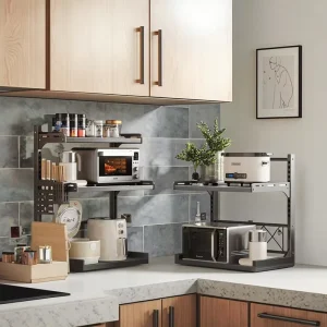 Large Capacity 3 Tier Modern Multifunction Sustainable High Quality Carbon Steel Expandable Microwave Oven Rack Black White