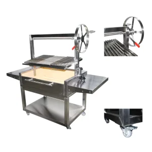 Large Parrilla Argentinian Outdoor BBQ Charcoal Grill Adjustable Height Durable Electric Motor Rotisserie with Storage Platform