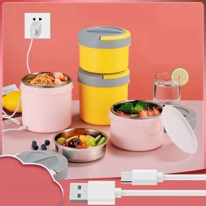 Lunch Box Electric Heating Food Portable USB Bento Lunch Box Round Stainless Steel Self Heating Lunch Box