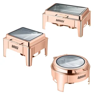 Luxury Stainless Steel Rose Gold Rectangular Electric Food Heater Self Service Hot Pot for Catering Banquets Parties