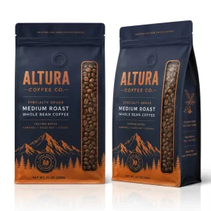 Matte Coffee Pouch With Vertical Window Valve Zipper Custom Navy Orange Whole Bean Packaging Bag for Specialty Roasters