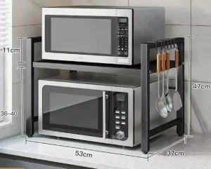 Metal Microwave Oven Rack 2-Tier Adjustable Modern Multi-Purpose Black Kitchen Shelf