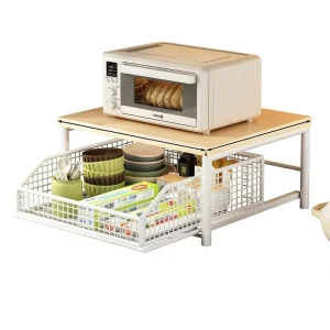 Microwave Oven Rack Double Tier Non Folding Countertop Stand with Heat Dissipation Heavy Duty Metal Storage Shelf for Kitchen