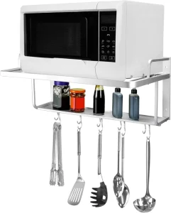 Microwave Oven Rack Shelf Wall Mount Electric Oven Holders Aluminum Double Layer Microwave & Spice Rack 2 Shelves with 10 Hooks