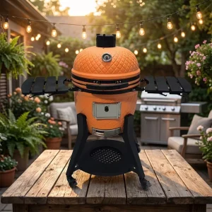 Middle Size 22 Inches Adjustable Height Ceramic Kamado Charcoal BBQ Grill with Smokeless Design and Steel Stand for Party