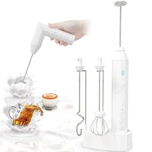 Milk Frother Handheld USB C Rechargeable Coffee Frother Wand Drink Mixer With Charging Base 3 Heads 3 Speeds Adjustable