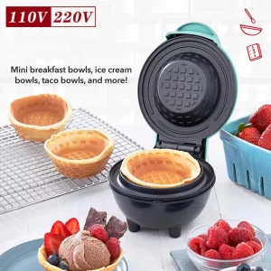 Mini Bowl Waffle Maker Dual Voltage Non Stick Grid Plate Electric Taco Bowl Ice Cream Cup Waffle Bowl Maker for Home Breakfast