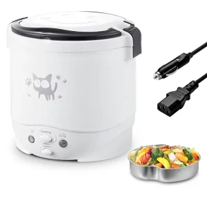 Mini Cylindrical Electric Rice Cooker Inner Pot 1L 2-Cup Uncooked Travel Car Power Cord Steamer Auto Keep Warm 1-2 People White
