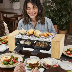 Mini Electric Indoor BBQ Bamboo Griddle Smokeless PTFE Non Stick Grill for 2 People Household and Commercial Use