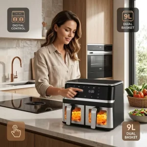 Modern 9L Electric Air Fryer Oven Double Basket Square Shape Household Use Plastic Energy Saving Fast Cooking Overheat