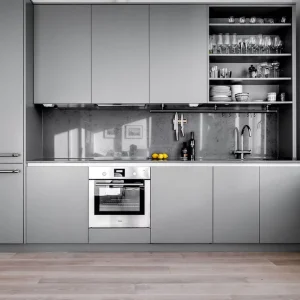 Modern Custom Kitchen Cabinet with Quartz Stone Countertop PVC Modular Units Overall Design Wood Style Panel Kitchen Furniture