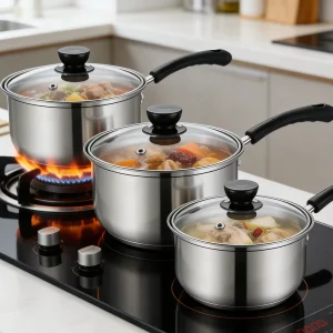 Modern Design 3Pcs Stainless Steel Cookware Set Single Handle Milk & Soup Pot Combination for Household Kitchen