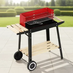 Modern Iron Large Rectangular Rotisserie Trolley Charcoal BBQ Grill with Side Shelf Wheels Outdoor Barbecue Cooking Smoker Grill