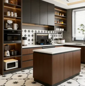 Modern Luxury Dark Walnut Kitchen Cabinet Set with Island Built in Appliances LED Lighting Customizable Modular Design