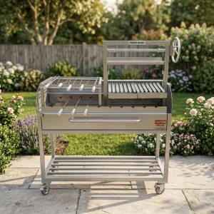 Modern Stainless Steel Churrasco Gaucho Grill with Folding Trolley Brazilian Rotisserie