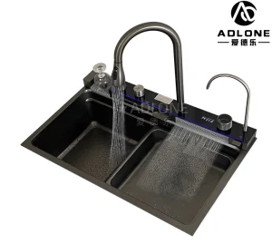 Modern Waterfall style Multi functional Faucet Kitchen Sink Set with Digital Display Large Single Bowl and Cup Washing Function