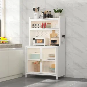 Multi Layer Steel Sideboard with Sunlight Panel Door Sturdy Cupboard with Adjustable Shelf Kitchen Storage Cabinet for Dining