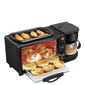 Multifunction 3 in 1 Breakfast Maker Automatic Electric Toaster Oven with Motor for Outdoor and Car Use Stainless Steel Housing