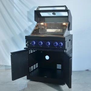 Multifunction SS304 Black Outdoor Kitchen with 68L Fridge Sink 4 Burner Infrared BBQ Gas Grill Adjustable Height Cabinets Island