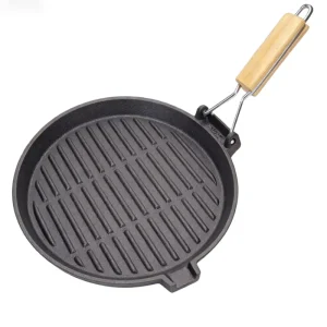 Natural Vegetable Oil Pre seasoned Black Cast Iron Grill Pan with Wood Handle Heat Resistant Food Safe