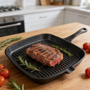 Natural Vegetable Oil Seasoned Square Cast Iron Ribbed Grill Pan Suitable for Electric Gas Induction Hobs Durable