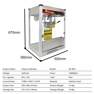 New Automatic Commercial Popcorn Maker Machine 8oz Capacity High Productivity 1400W