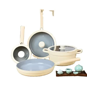 Non Stick Cookware Set Silicone Edge Aluminum Induction Base Heavy Duty Tempered Glass Lid