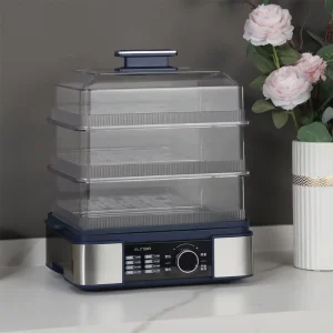 OEM 1500W 1-3 Layer Digital Food Steamer Pot Automatic Safety Auto-Off 12 Quart Capacity Transparent View Lid Stainless Steel