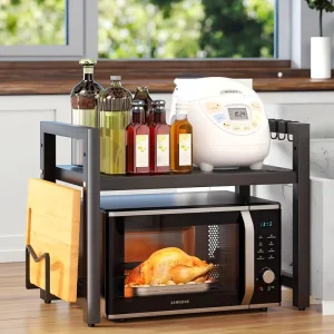 OEM Counter Extendable Microwave Oven Rack Adjustable Kitchen Accessories Organizer Rack with Hook Knife Holder for Home Use