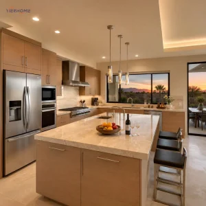 OEM Modern Cherry Wood Veneer Modular Kitchen Cabinets with Marble Countertop for Villa Projects Wine Cellar & Dining
