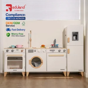 OEM ODM Danish Noble White Music Light Simulation Refrigerator Montessori Role Pretend Wooden Play Kitchen Kids Toy