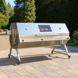 Outdoor Kitchen BBQ Grill with Gas Spit Rotisserie Santa Maria Charcoal Style Stainless Steel Adjustable Height