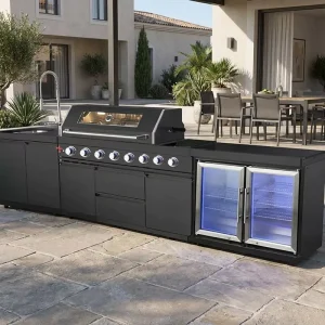 Outdoor Kitchen Cabinets BBQ Island Grill Artificial Marble Stainless Steel Fireproof Modular Built In Sink Faucet Modern