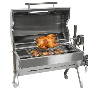 Outdoor Kitchen Use Dual Fuel Charcoal and Gas BBQ Grill Chicken Roaster 10kg Load Capacity Auto Spit Rotisserie 1000 mm