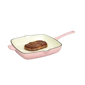 Pink Vitreous Enamel Square Cast Iron Grill Pan Non-Stick BBQ Skillet with Oil Drip Spout for Induction Cooker