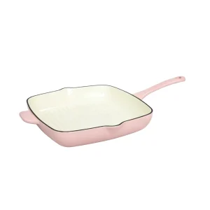 Pink Vitreous Enamel Square Cast Iron Grill Pan Non-Stick Skillet Oil Drip Spout Gas Induction Ready Easy Cleaning Restaurants